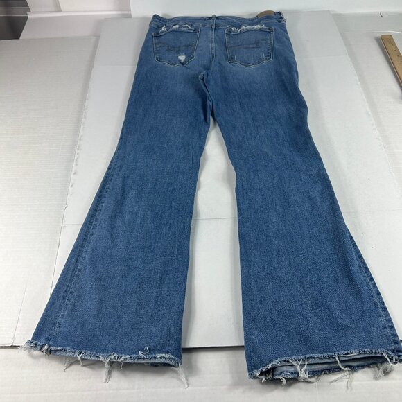 American Eagle Jean Women 32x29 Super Hi Rise Flare Blue Distressed Denim Tag 12 - Picture 10 of 16